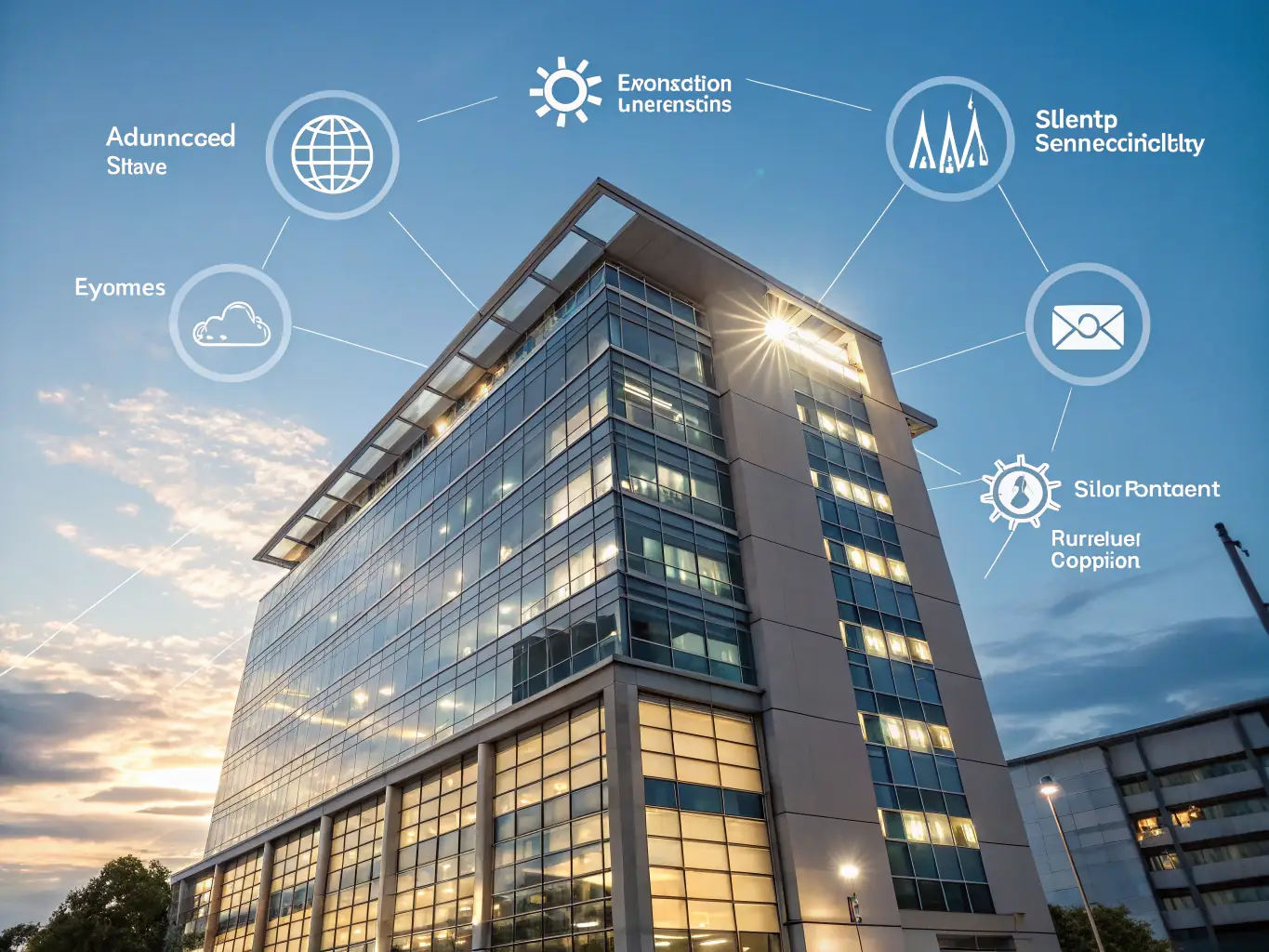 A modern office building using Oilway Petroleum's commercial energy solutions, with solar panels on the roof and energy-efficient lighting visible through the windows.